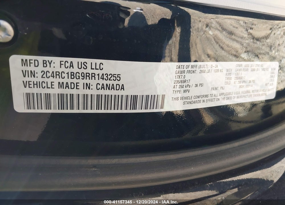 2024 CHRYSLER PACIFICA TOURING L VIN: 2C4RC1BG9RR143255