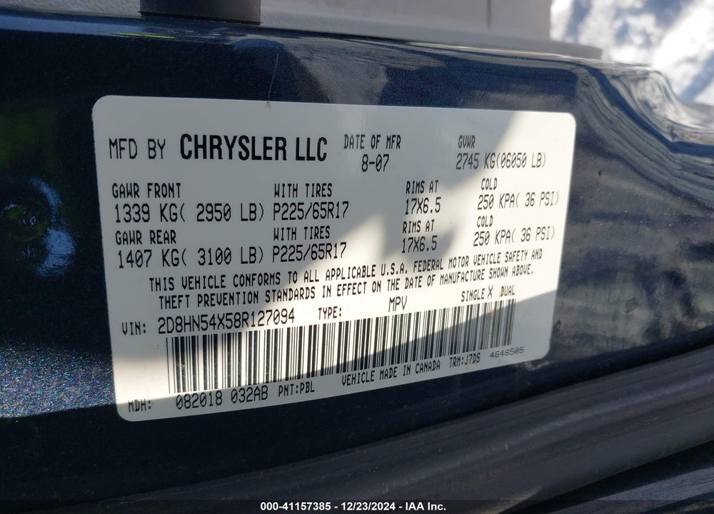 2008 DODGE GRAND CARAVAN VIN: 2D8HN54X58R127094