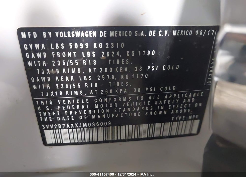 2018 VOLKSWAGEN TIGUAN 2.0T SE/2.0T SEL VIN: 3VV2B7AXXJM036009