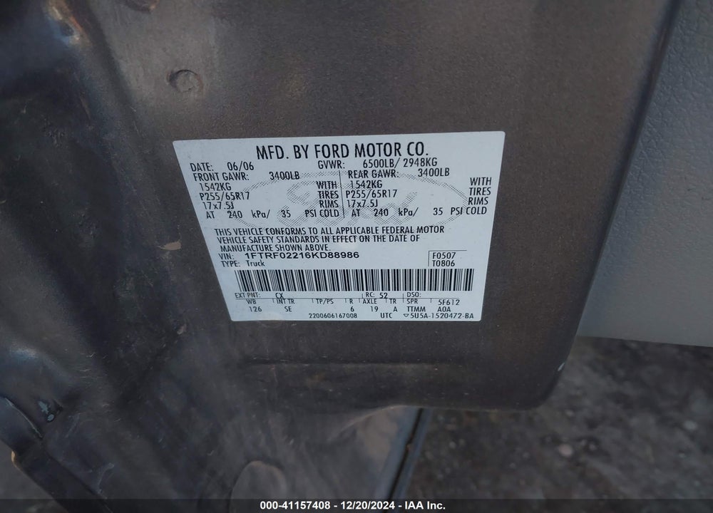 2006 FORD F-150 VIN: 1FTRF02216KD88986