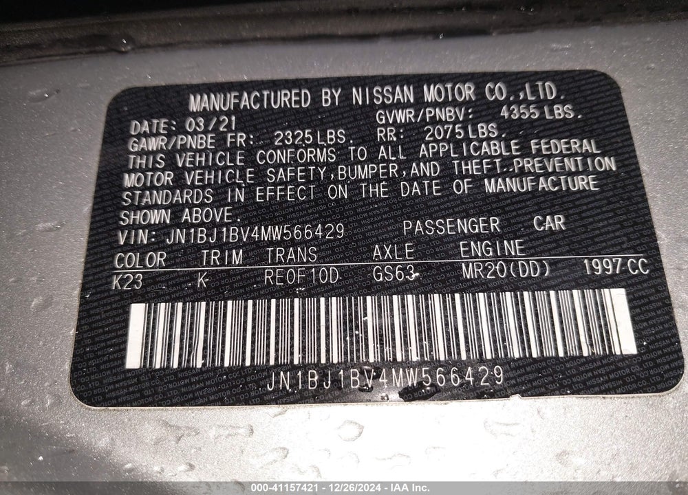 2021 NISSAN ROGUE SPORT SV FWD XTRONIC CVT VIN: JN1BJ1BV4MW566429