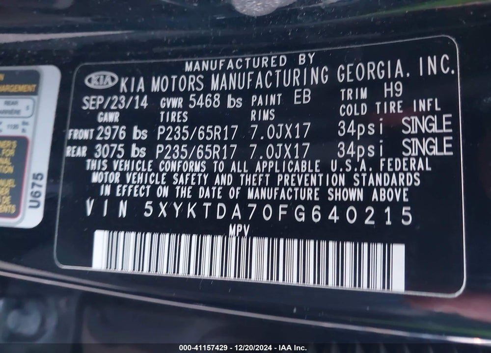 2015 KIA SORENTO LX V6 VIN: 5XYKTDA70FG640215