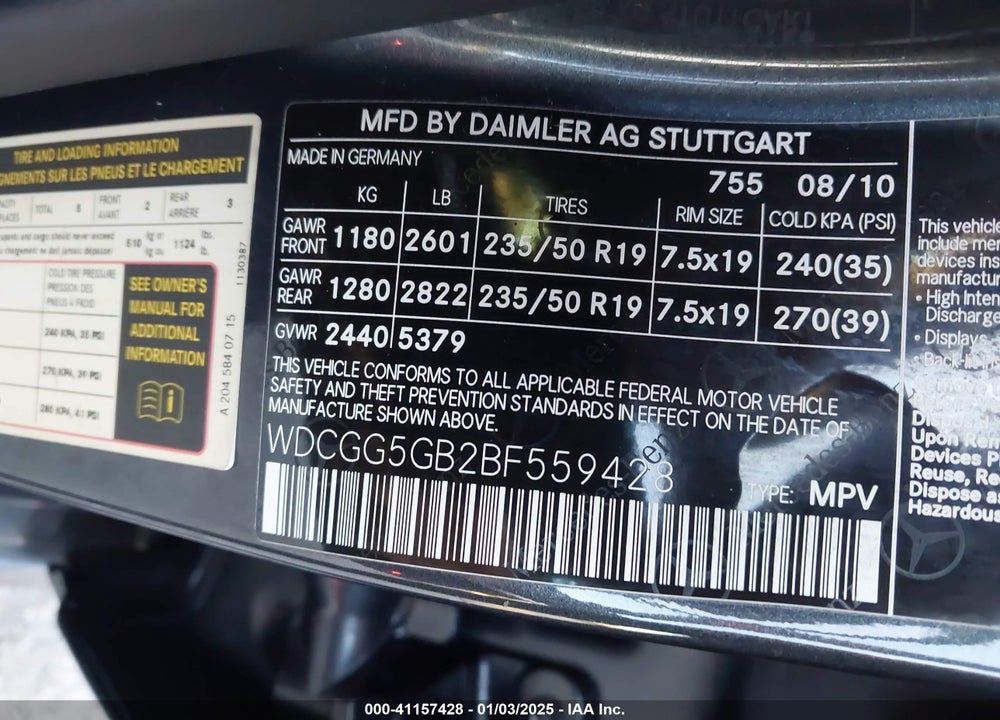 2011 MERCEDES-BENZ GLK-CLASS VIN: WDCGG5GB2BF559428