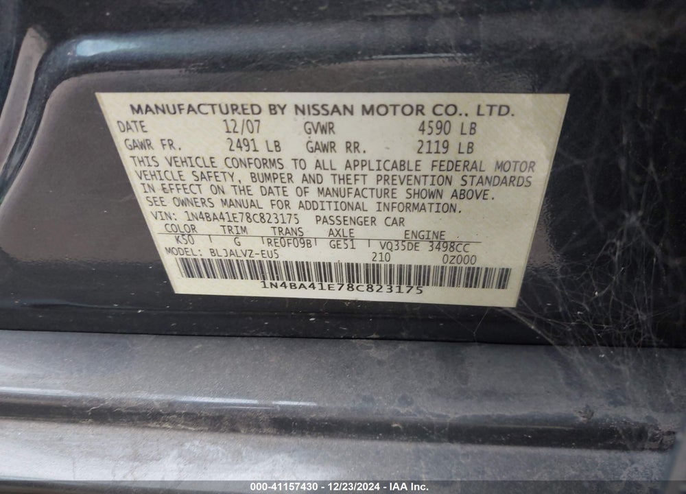 2008 NISSAN MAXIMA 3.5 SE VIN: 1N4BA41E78C823175