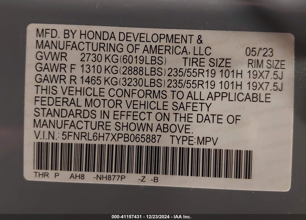 2023 HONDA ODYSSEY SPORT VIN: 5FNRL6H7XPB065887