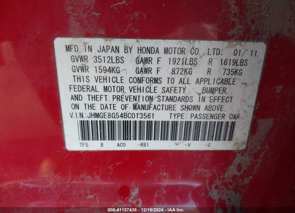 2011 HONDA FIT SPORT VIN: JHMGE8G54BC013561