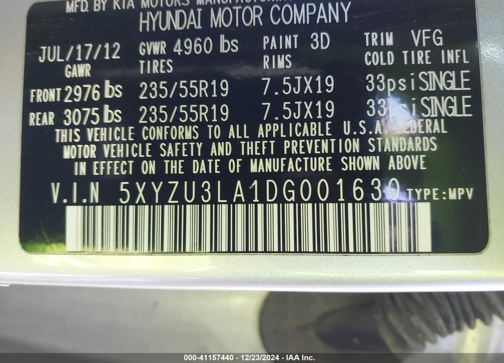 2013 HYUNDAI SANTA FE SPORT 2.0T VIN: 5XYZU3LA1DG001630