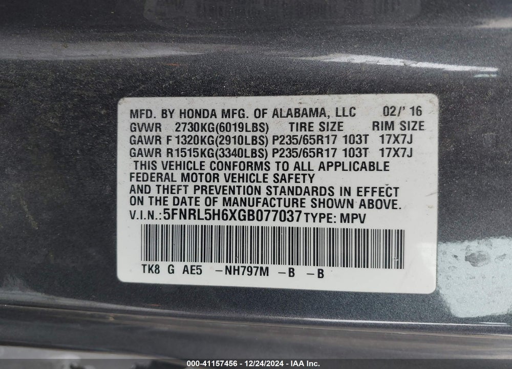 2016 HONDA ODYSSEY EX-L VIN: 5FNRL5H6XGB077037