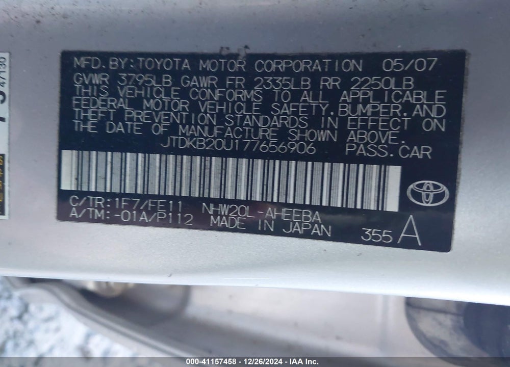 2007 TOYOTA PRIUS VIN: JTDKB20U177656906