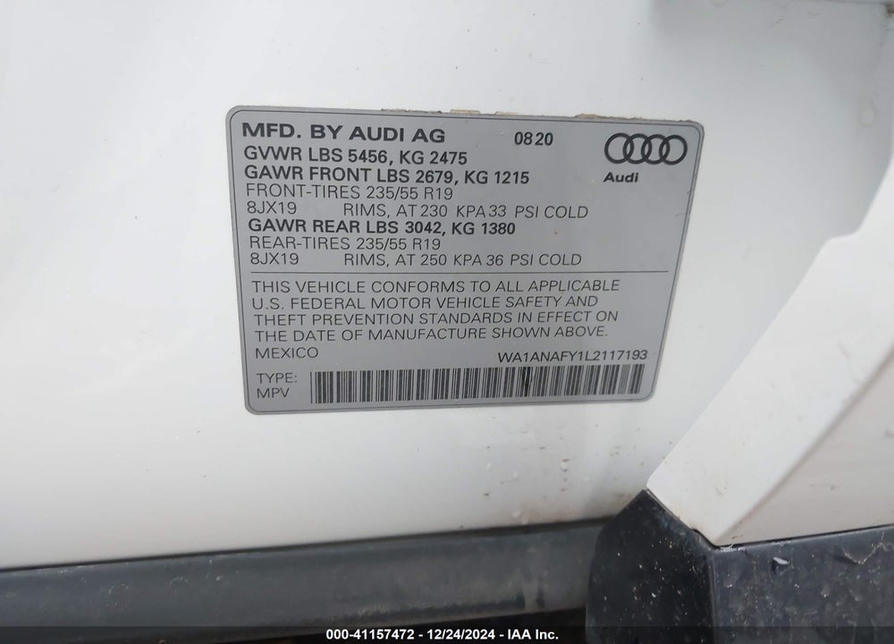 2020 AUDI Q5 PREMIUM 45 TFSI QUATTRO S TRONIC VIN: WA1ANAFY1L2117193