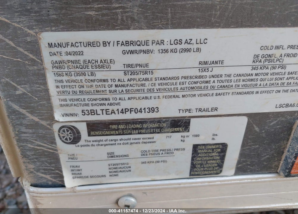 2023 LGS INDUSTRIES LOOK CARGO TRAILER 5 VIN: 53BLTEA14PF041393