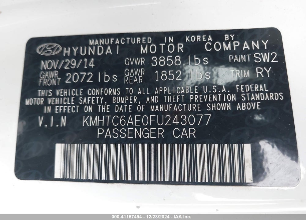 2015 HYUNDAI VELOSTER VIN: KMHTC6AE0FU243077