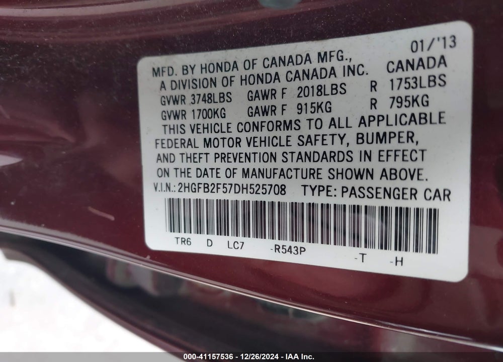 2013 HONDA CIVIC VIN: 2HGFB2F57DH525708