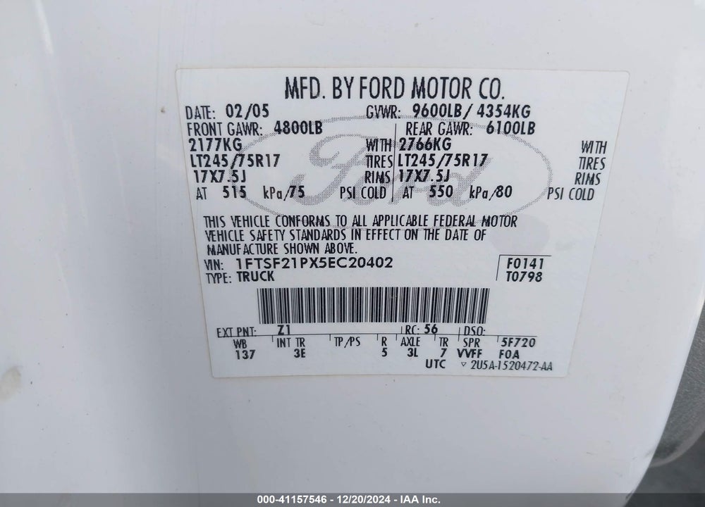 2005 FORD F-250 XL/XLT VIN: 1FTSF21PX5EC20402