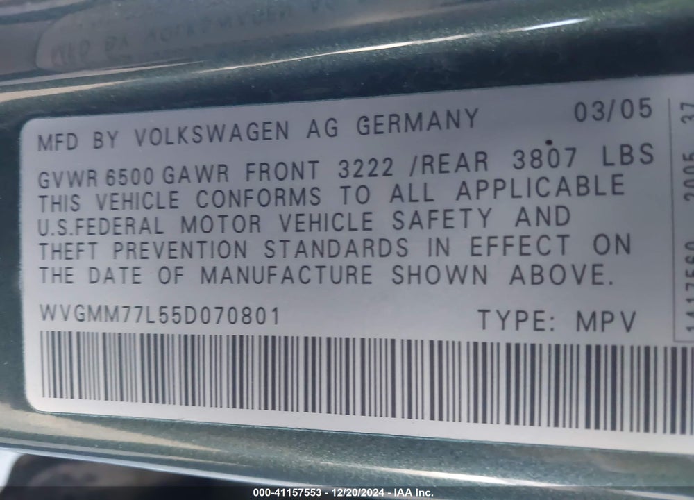 2005 VOLKSWAGEN TOUAREG V8 VIN: WVGMM77L55D070801
