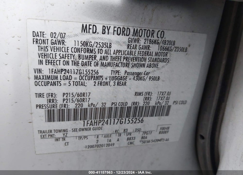 2007 FORD FIVE HUNDRED SEL VIN: 1FAHP24117G155256