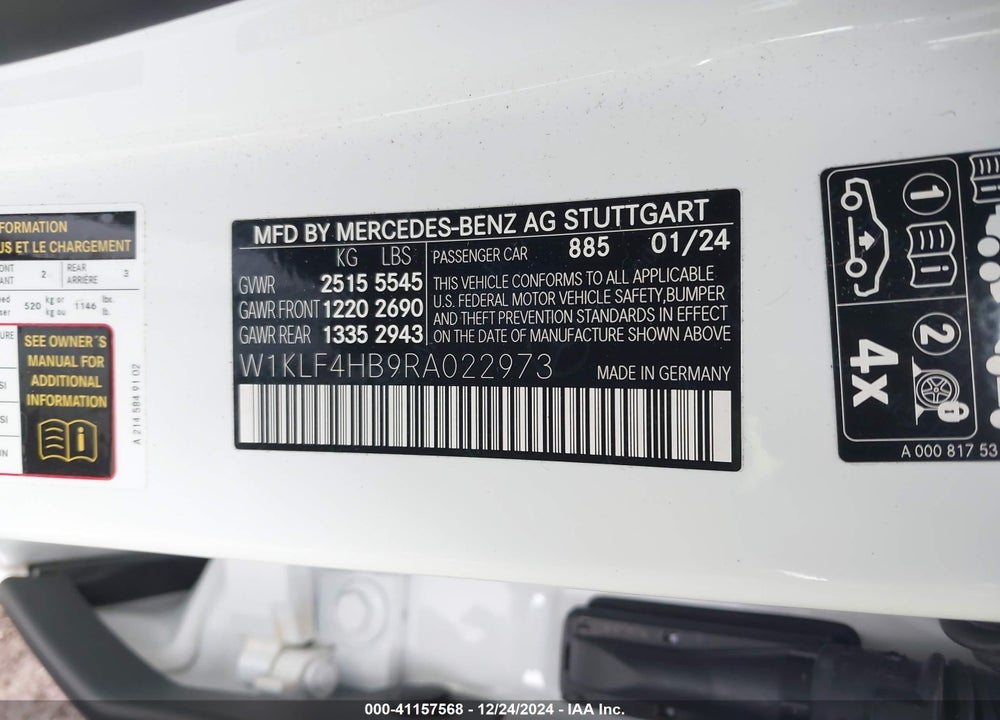 2024 MERCEDES-BENZ E 350 VIN: W1KLF4HB9RA022973
