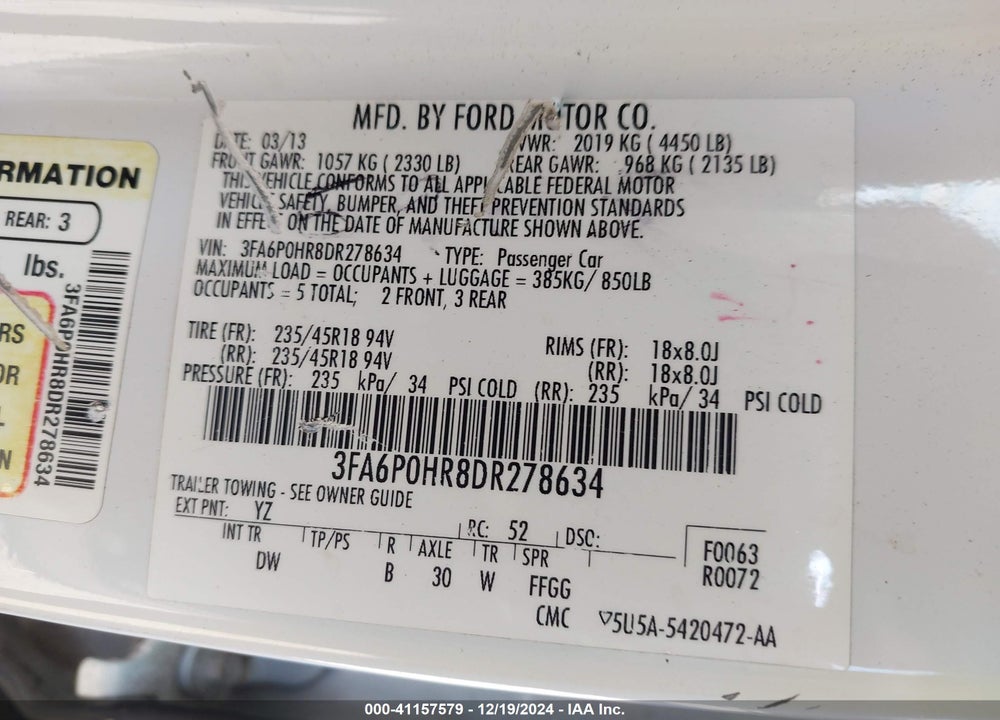 2013 FORD FUSION VIN: 3FA6P0HR8DR278634