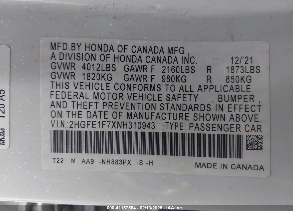 2022 HONDA CIVIC VIN: 2HGFE1F7XNH310943