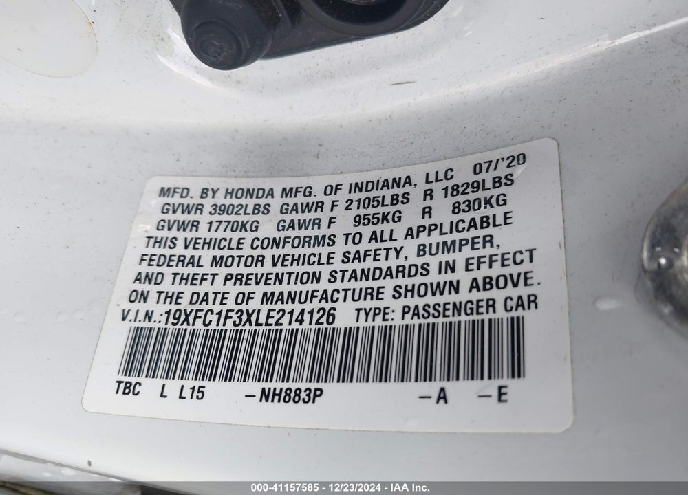 2020 HONDA CIVIC EX VIN: 19XFC1F3XLE214126