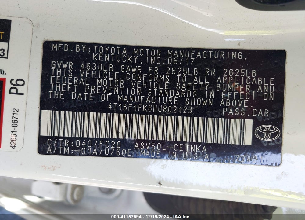 2017 TOYOTA CAMRY VIN: 4T1BF1FK6HU802123