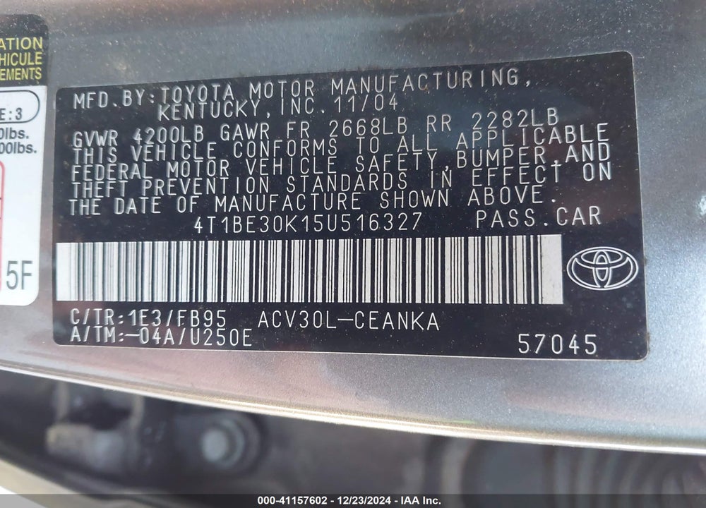 2005 TOYOTA CAMRY LE VIN: 4T1BE30K15U516327