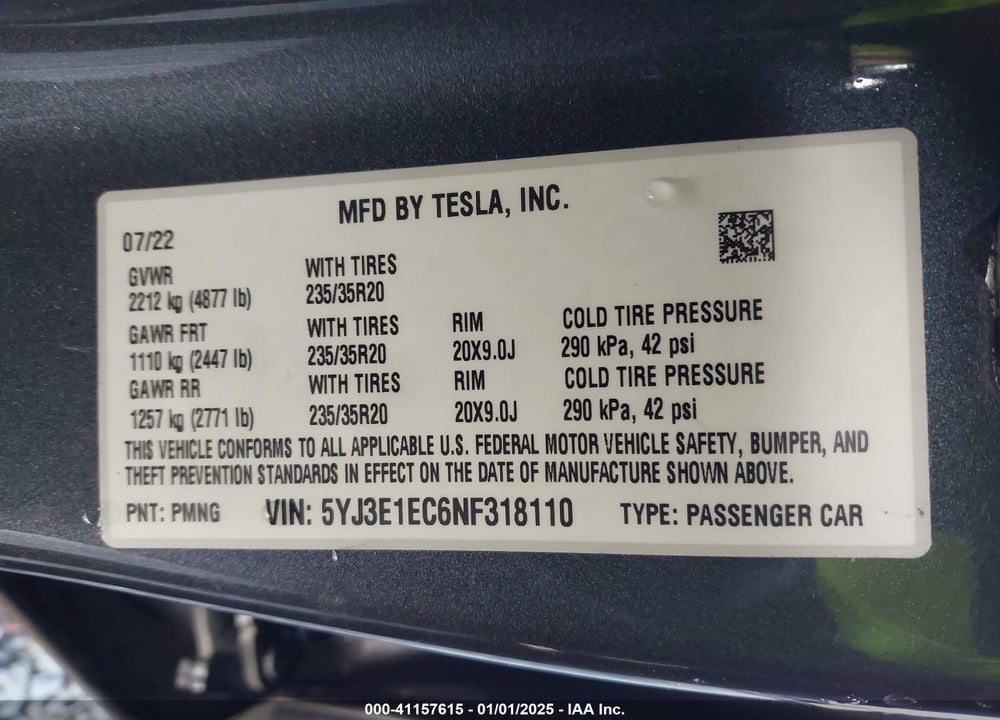 2022 TESLA MODEL 3 PERFORMANCE DUAL MOTOR ALL-WHEEL DRIVE VIN: 5YJ3E1EC6NF318110