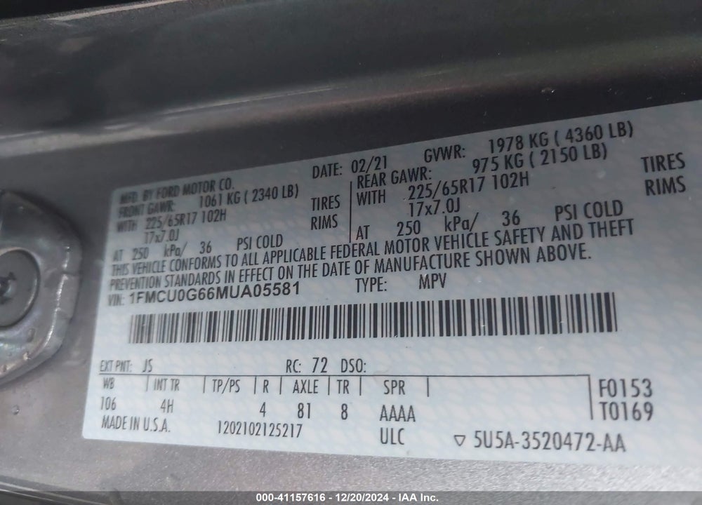 2021 FORD ESCAPE SE VIN: 1FMCU0G66MUA05581