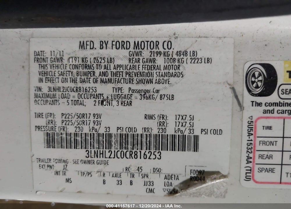 2012 LINCOLN MKZ VIN: 3LNHL2JC0CR816253