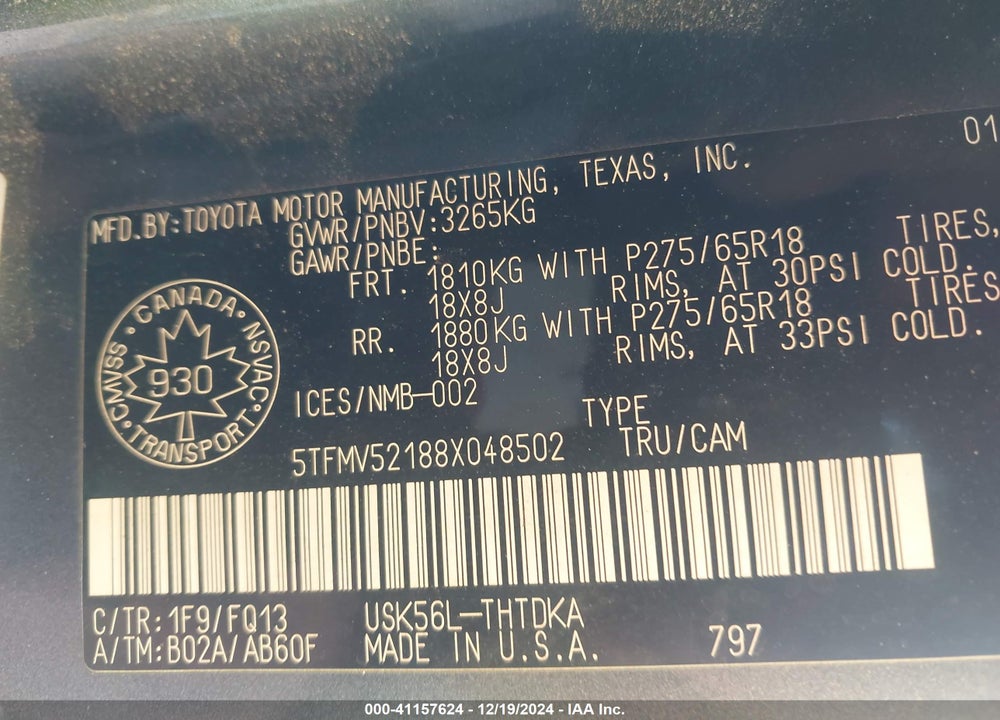 2008 TOYOTA TUNDRA DLX 5.7L V8 VIN: 5TFMV52188X048502
