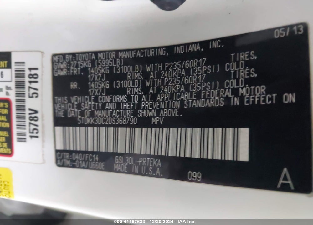 2013 TOYOTA SIENNA LE V6 8 PASSENGER VIN: 5TDKK3DC2DS368790