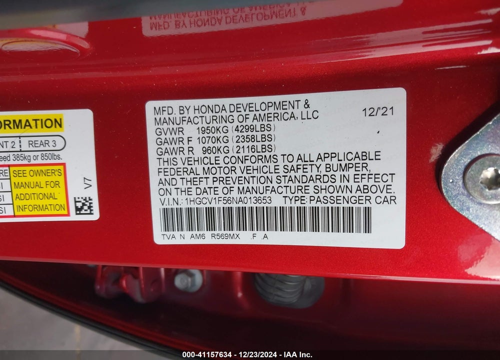 2022 HONDA ACCORD EX-L VIN: 1HGCV1F56NA013653