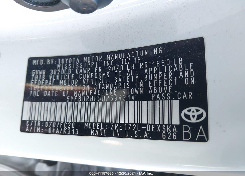 2017 TOYOTA COROLLA L/LE/XLE/SE/XSE VIN: 5YFBURHE5HP594314