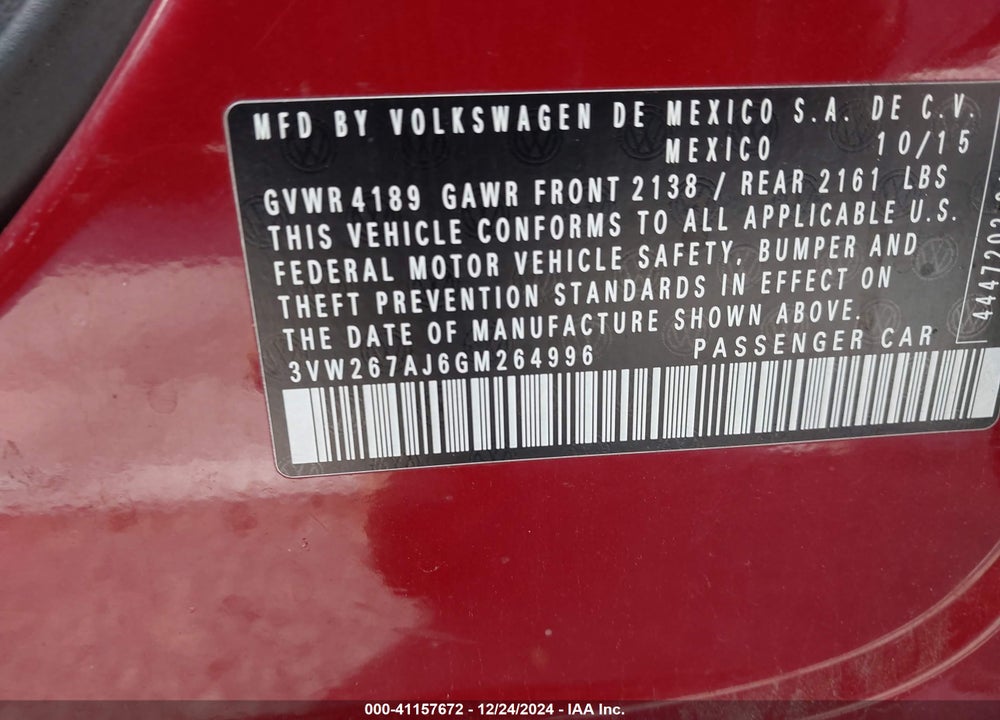 2016 VOLKSWAGEN JETTA 1.4T S VIN: 3VW267AJ6GM264996