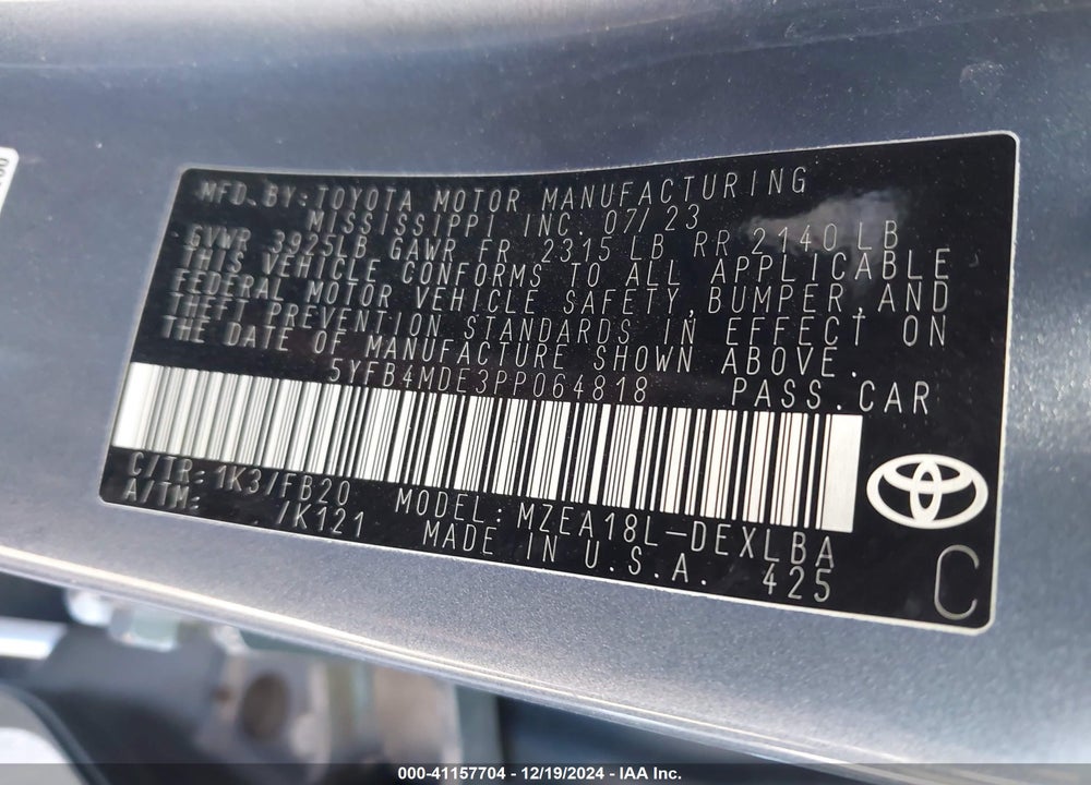 2023 TOYOTA COROLLA LE VIN: 5YFB4MDE3PP064818