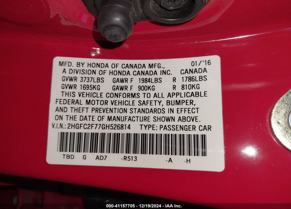 2016 HONDA CIVIC VIN: 2HGFC2F77GH526814