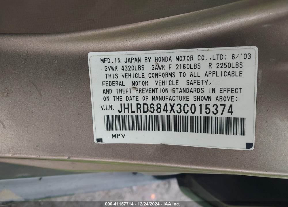 2003 HONDA CR-V LX VIN: JHLRD684X3C015374