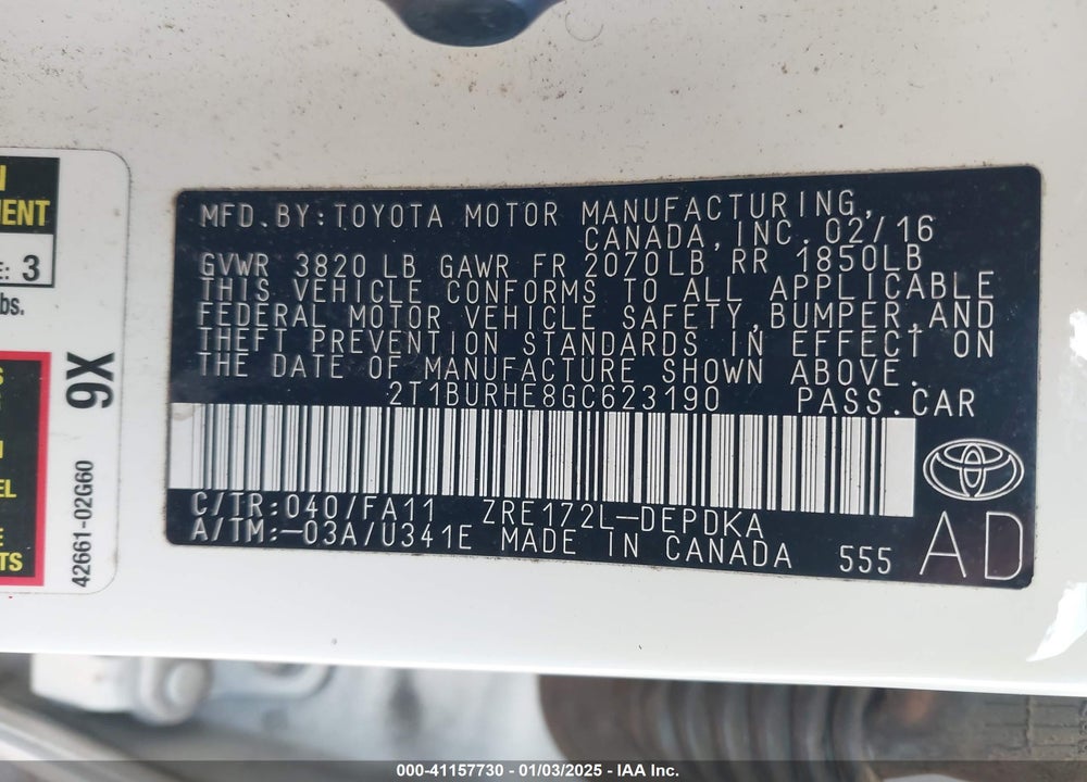 2016 TOYOTA COROLLA L VIN: 2T1BURHE8GC623190
