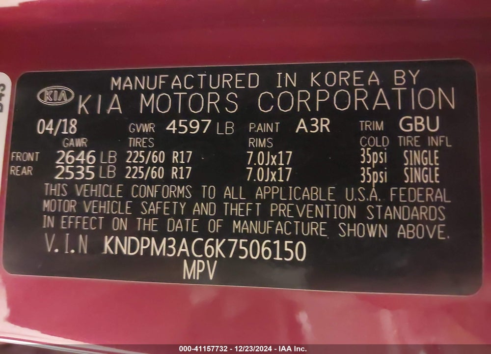 2019 KIA SPORTAGE LX VIN: KNDPM3AC6K7506150