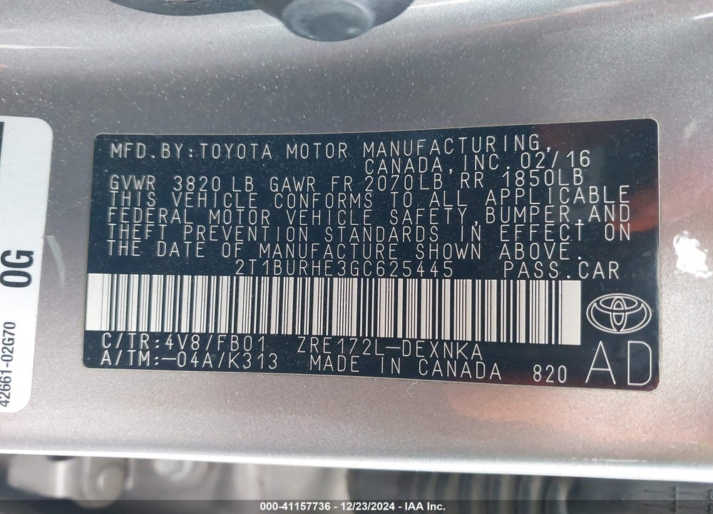 2016 TOYOTA COROLLA LE PLUS VIN: 2T1BURHE3GC625445