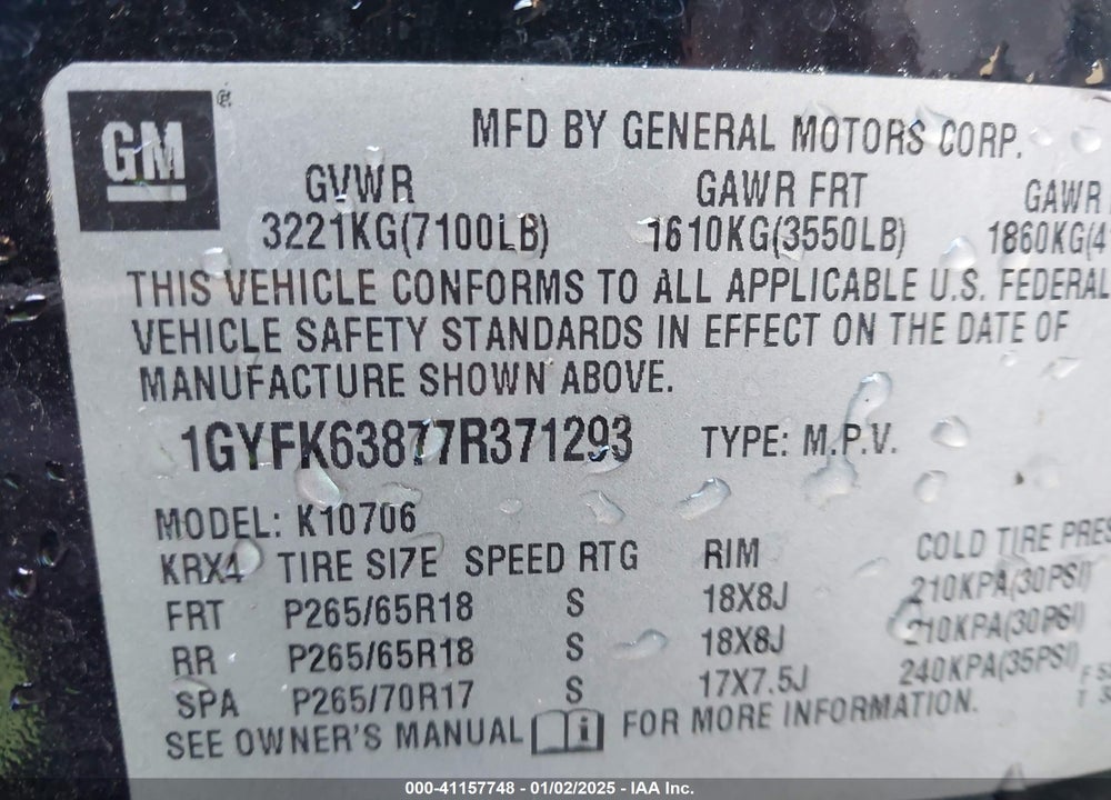 2007 CADILLAC ESCALADE STANDARD VIN: 1GYFK63877R371293