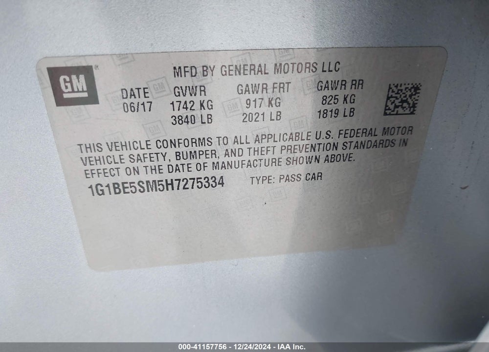 2017 CHEVROLET CRUZE LT AUTO VIN: 1G1BE5SM5H7275334