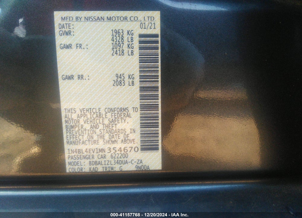 2021 NISSAN ALTIMA SL FWD VIN: 1N4BL4EV1MN354670