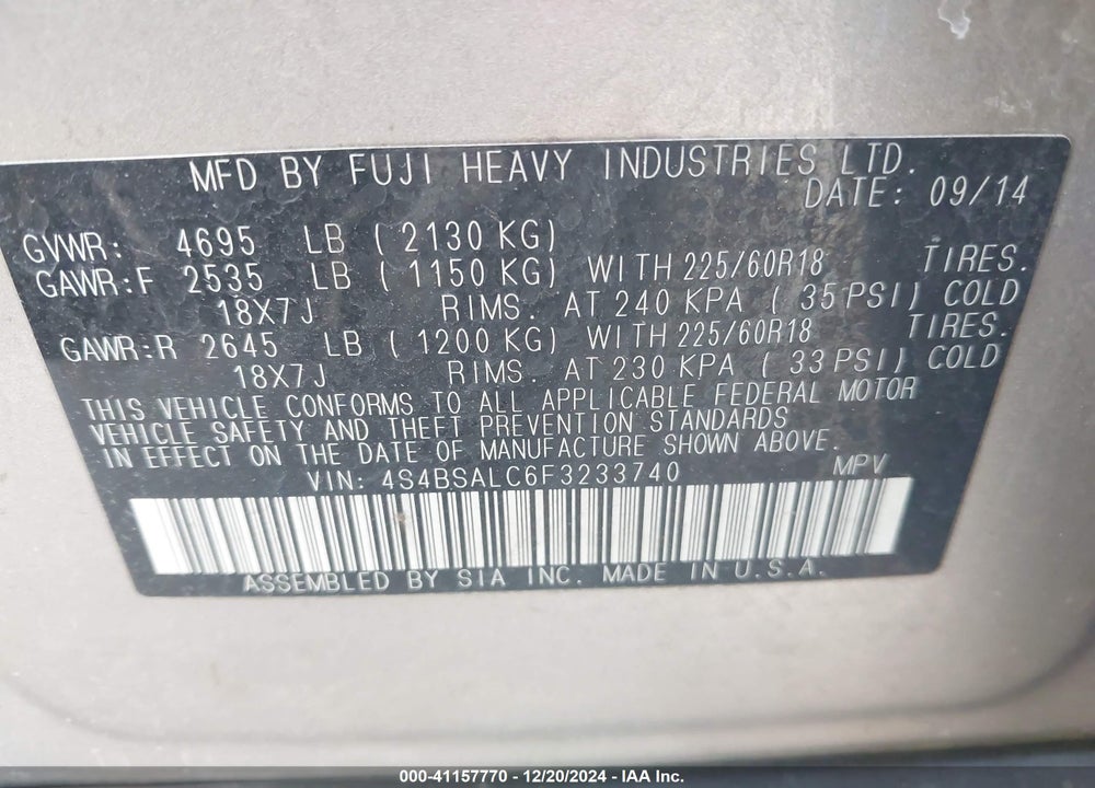 2015 SUBARU OUTBACK 2.5I LIMITED VIN: 4S4BSALC6F3233740