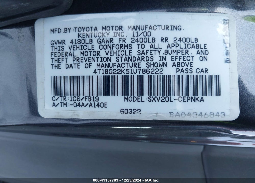 2001 TOYOTA CAMRY LE VIN: 4T1BG22K51U786222