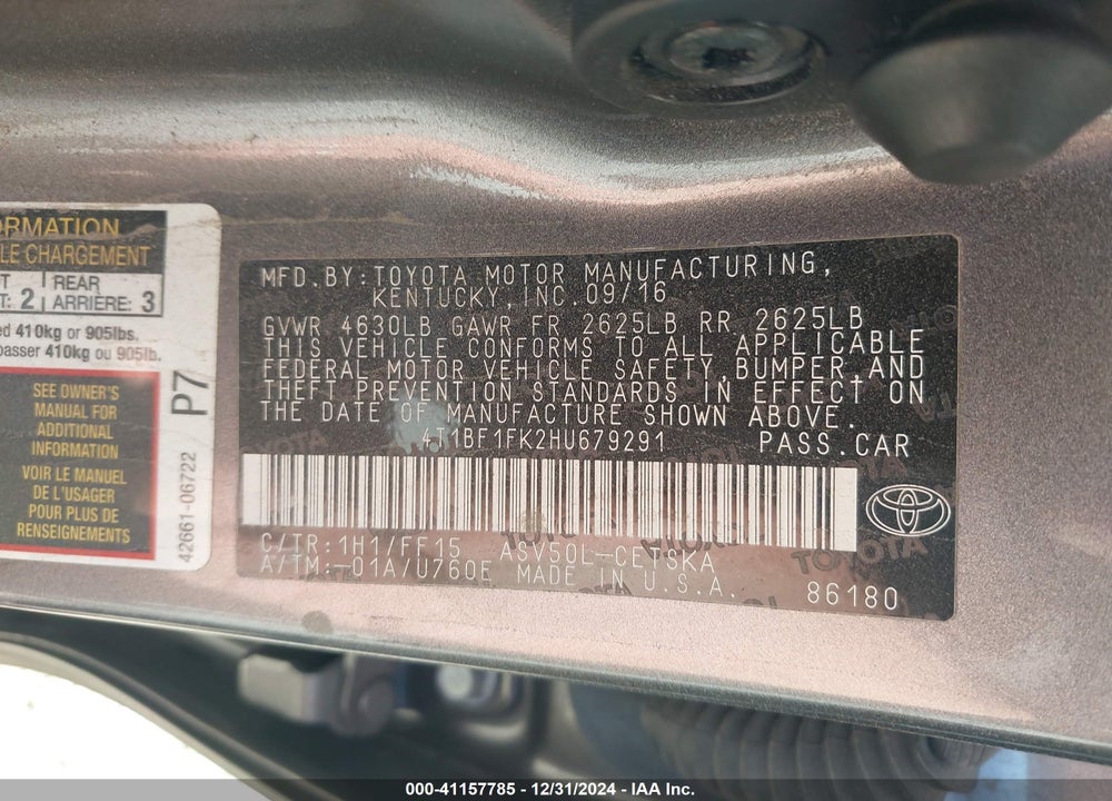 2017 TOYOTA CAMRY SE VIN: 4T1BF1FK2HU679291