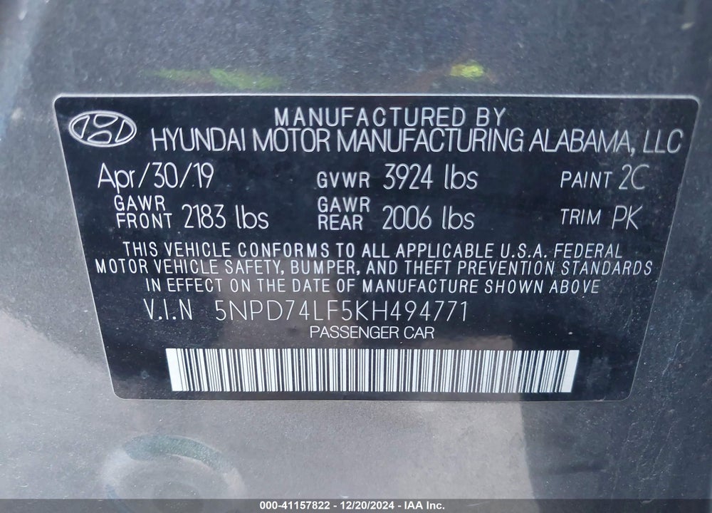 2019 HYUNDAI ELANTRA VIN: 5NPD74LF5KH494771