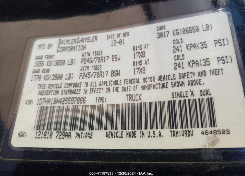2002 DODGE RAM 1500 ST VIN: 1D7HA18N42S597866