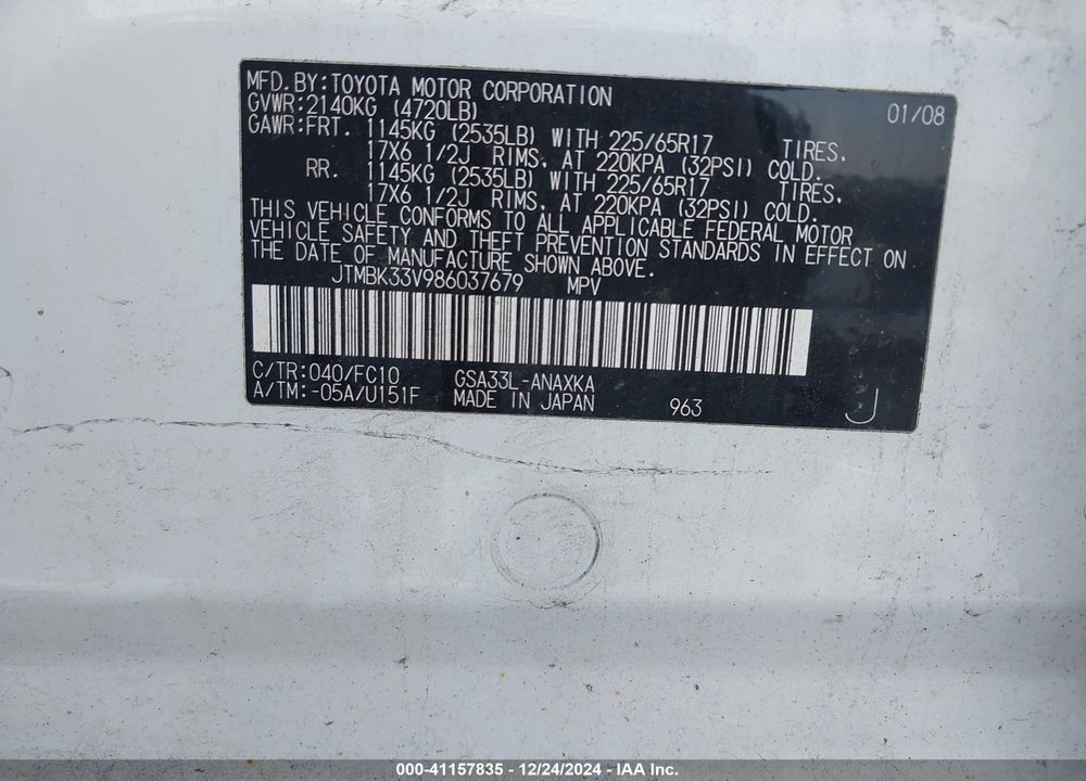 2008 TOYOTA RAV4 BASE V6 VIN: JTMBK33V986037679