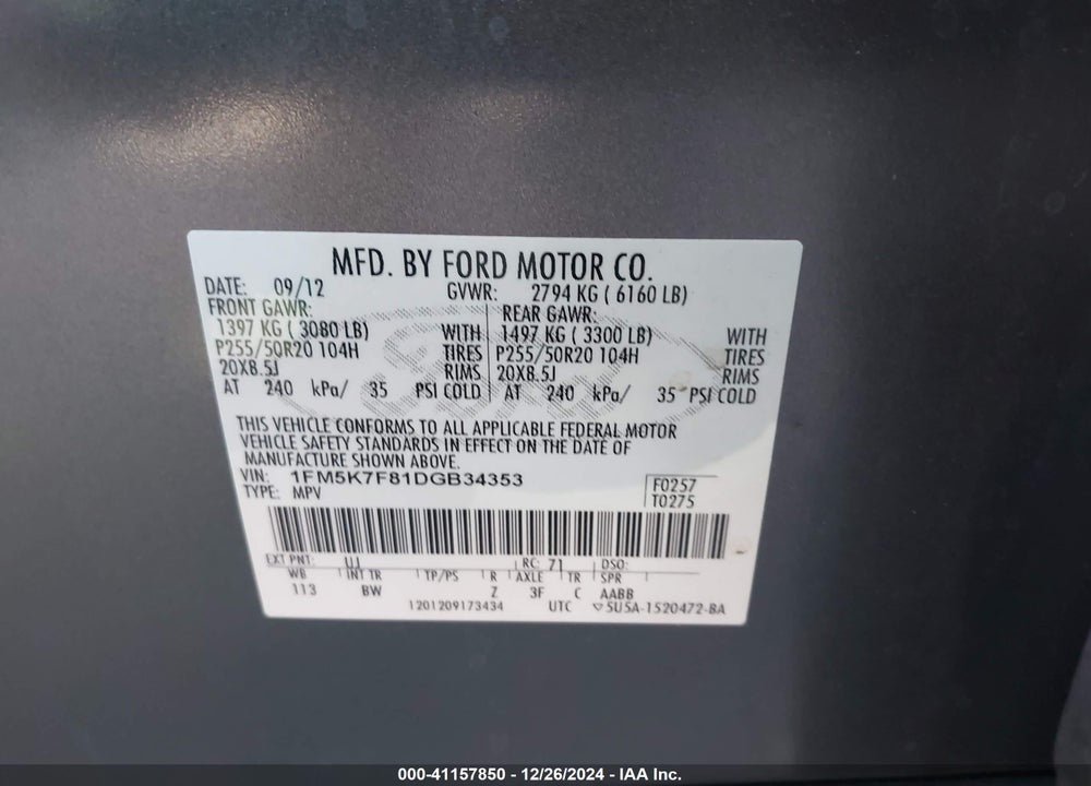 2013 FORD EXPLORER LIMITED VIN: 1FM5K7F81DGB34353